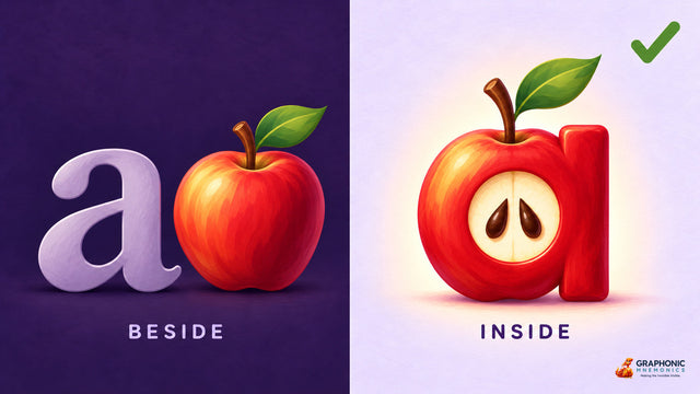 Beside vs. inside: a letter a next to an apple, compared with an embedded picture mnemonic where a red apple forms the letter a — illustration by Graphonic Mnemonics, makers of Phonic Forge