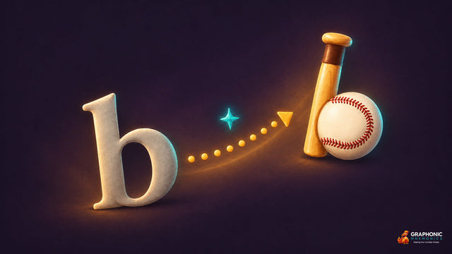 Embedded picture mnemonic: a plain letter b becomes the letter b drawn as a baseball bat and ball — Phonic Forge by Graphonic Mnemonics