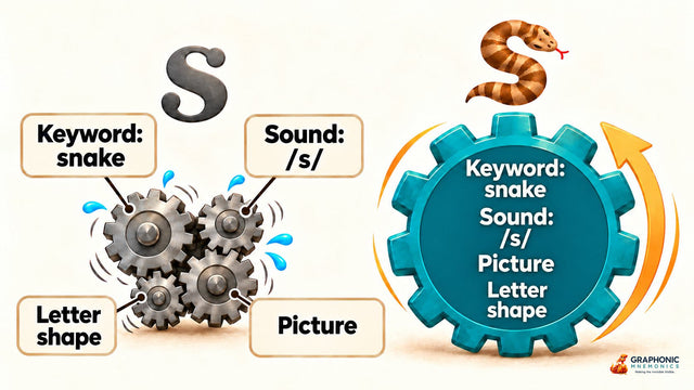 A plain letter s needs many separate gears to connect its keyword, sound, shape and picture, while a snake-shaped letter s turns one gear easily — illustration by Graphonic Mnemonics, makers of Phonic Forge