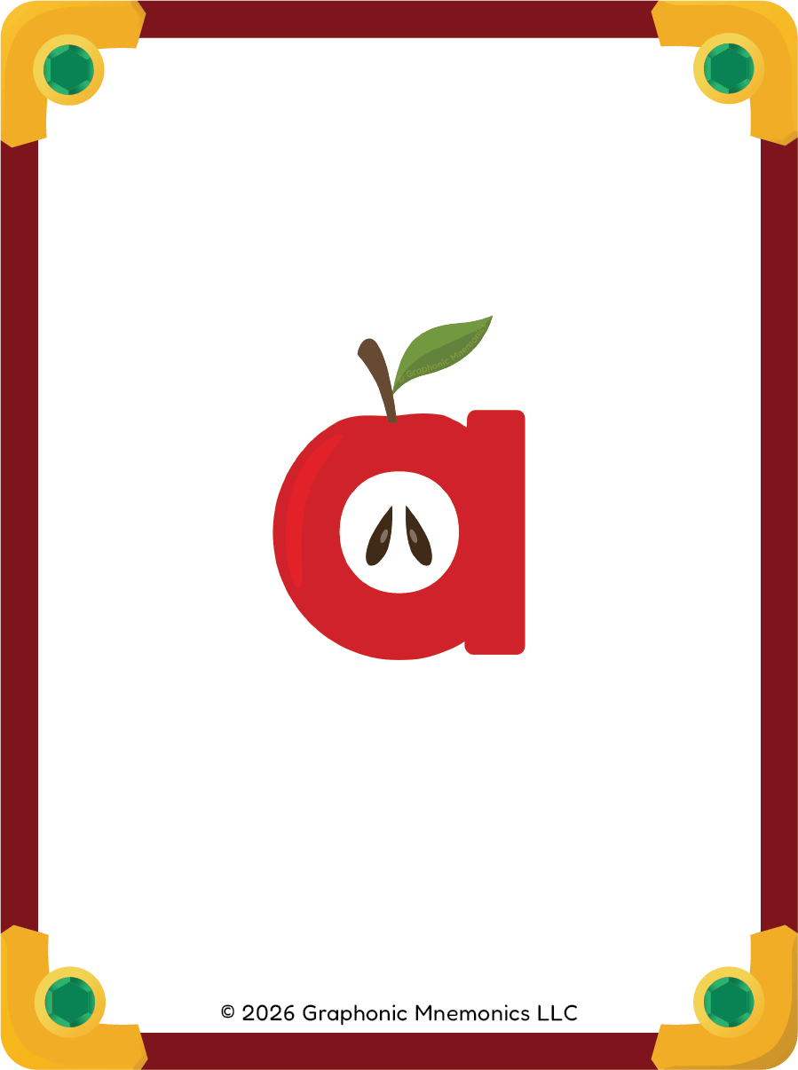 The letter a as an embedded picture mnemonic, illustrated as an apple — Phonic Forge by Graphonic Mnemonics